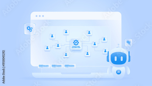 Marketing automation workflow diagram dashboard with ai agent, node client, flow process and automation system.