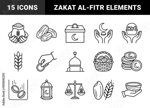 Islamic charity and zakat al-fitr distribution symbols featuring dates, grains, and donation boxes. Clean monoline technical line art for religious education.
