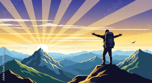 Hiker stands triumphantly on mountain peak at sunrise with arms outstretched feeling free and accomplished in a scenic landscape