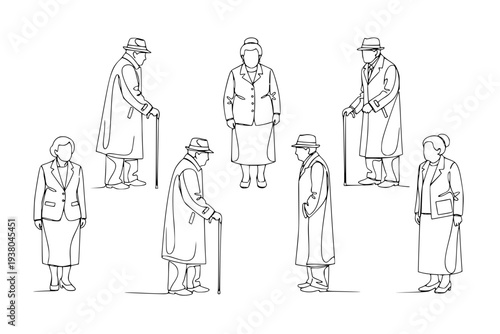 Set of elderly people standing. Senior citizens collection. Minimalist vector illustration of pensioners with canes and hats.