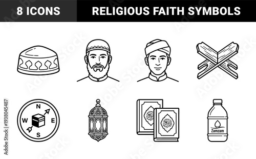 Islamic religious culture and pilgrimage essentials in bold monoline style. Minimalist black and white graphics for Ramadan and Hajj educational materials.