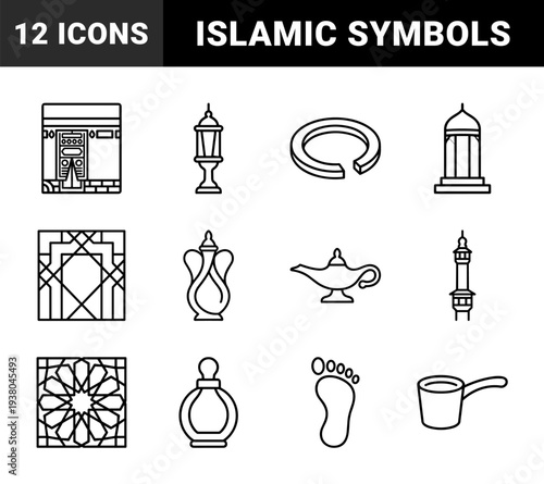 Islamic cultural heritage and religious pilgrimage symbols. Minimalist monoline black and white graphics featuring Kaaba, minaret, lantern, and geometric arabesque patterns.