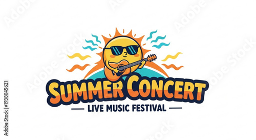 Vibrant cartoon sun wearing sunglasses plays guitar at summer concert live music festival event