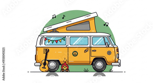 Vibrant yellow camper van with guitar and campfire in serene green landscape