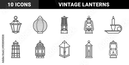 Vintage lighting lanterns and traditional oil lamps in clean monoline aesthetic for interior design and historical outdoor illumination projects
