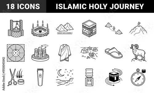 Islamic Hajj and Umrah pilgrimage ritual elements for religious educational materials. Clean monoline pictograms featuring Kaaba, Safa Marwa, and Ihram.