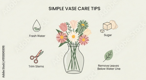Simple vase care tips infographic with flowers and icons