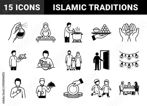 Ramadan and Islamic lifestyle traditions for religious celebrations. Minimalist monoline pictograms featuring fasting, prayer, family gatherings, and traditional Middle Eastern hospitality.