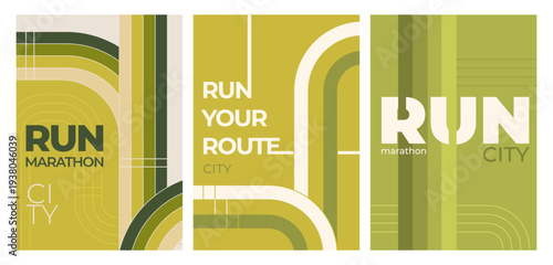 Marathon poster set, vector backgrounds. Sport banners collection with abstract running tracks, color lines with dynamic speed effect, race events design, competition layout template, invitation cards