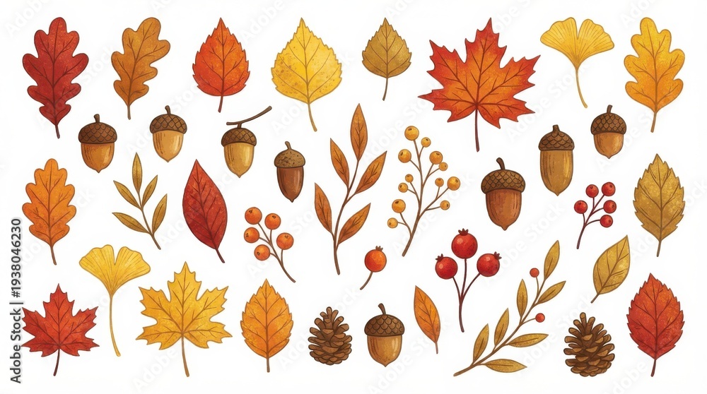 Fototapeta premium decorative seasonal autumn leaves and acorns illustration set optimized for both print and digital design projects isolated on white background