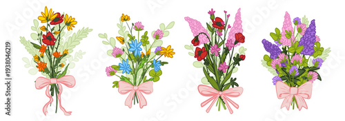 Spring wild flowers bouquet, natural vector illustration isolated on white background. Wildflower set with red poppy, color daisy and purple bunches, summer meadow pattern, romantic botanical design