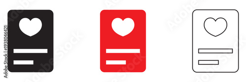 Love Letter Envelope Icons Set With Hearts. Envelopes with heart symbols representing love messages, romantic email, and Valentine communication in black, red, and outline styles.