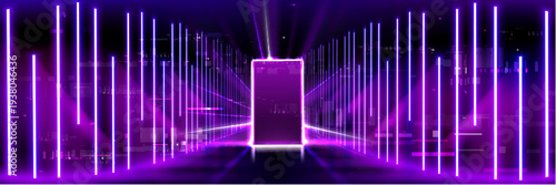 Futuristic digital open door or portal, glowing neon cyberspace. Abstract vector background with dynamic data streams and glich effect, 3d tech gate entrance illuminated by purple light vertical lamps