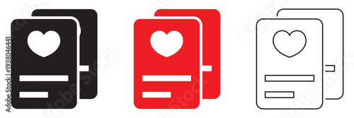 Love Letter Envelope Icons Set With Hearts. Envelopes with heart symbols representing love messages, romantic email, and Valentine communication in black, red, and outline styles.