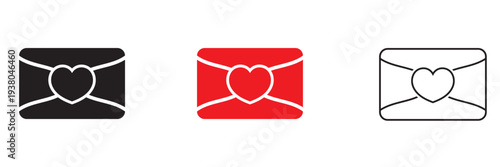 Love Letter Envelope Icons Set With Hearts. Envelopes with heart symbols representing love messages, romantic email, and Valentine communication in black, red, and outline styles.