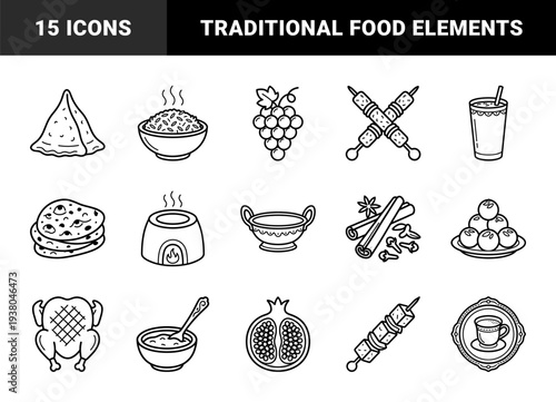 South Asian culinary culture and traditional Indian food elements. Bold monoline illustrations featuring tandoor oven, biryani, samosa, and masala chai for restaurant menus.