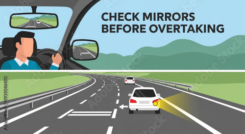 Road safety illustration of driver checking mirrors before overtaking on a highway with cars and green hills
