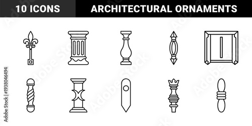 Architectural ornaments and classical design elements for heritage branding. Traditional monoline motifs featuring balusters, columns, and fleur-de-lis symbols.