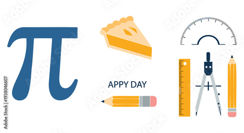 Pi day celebration with pi symbol pie ruler compass pencil and protractor