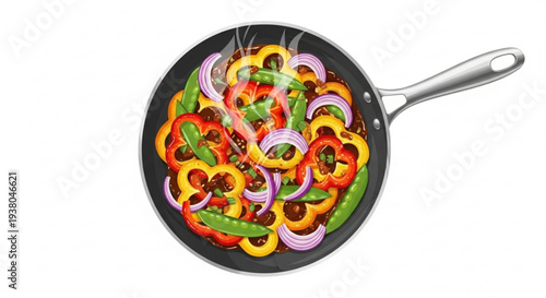 Colorful sliced vegetables stir frying in a metal pan on white background