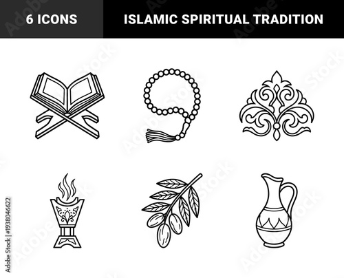 Islamic cultural heritage and religious ritual elements featuring Quran on Rihal, prayer beads, and traditional incense burner. Black monoline aesthetic for middle eastern spiritual branding.