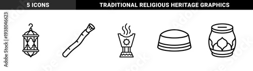 Traditional Islamic cultural symbols and Ramadan celebration elements. Minimalist monoline pictograms featuring a lantern, incense burner, miswak, charity box, and prayer cap.