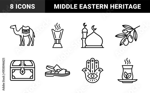 Middle Eastern cultural heritage and Islamic tradition symbols. Thick monolinear black pictograms featuring religious architecture, desert life, and hospitality elements.