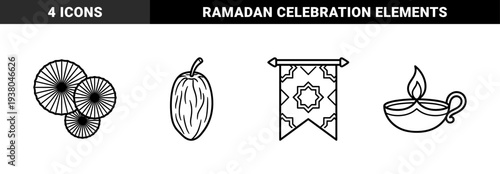 Ramadan and Eid al-Fitr celebratory elements featuring paper fans, dates fruit, ornate hanging banner, and burning oil lamp in monoline style.