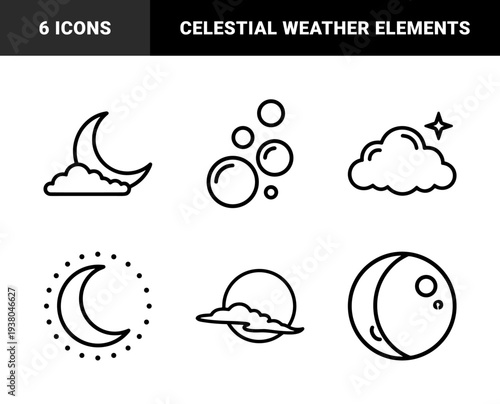 Night sky and celestial weather elements featuring crescent moons, clouds, and stars. Minimalist monoline pictograms for sleep tracking apps and astronomical interfaces.