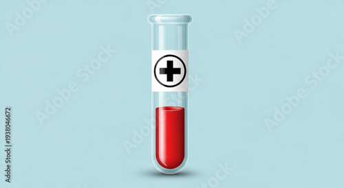 Medical test tube with red blood sample and positive sign on a light blue background for healthcare and laboratory concepts
