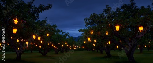 Panel kuchenny z motywem Glowing lanterns warm the orchard as night softly embraces the fruit trees.