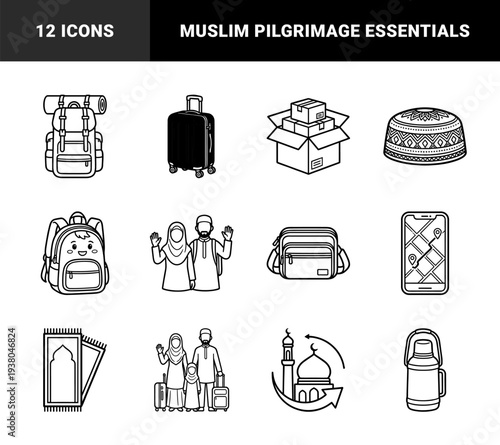 Islamic pilgrimage and religious travel essentials featuring Muslim family characters. Minimalist monoline bold stroke illustrations for Hajj and Umrah preparation.