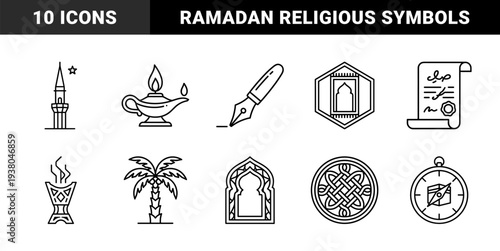 Islamic cultural heritage and ramadan traditions featuring linear monoline symbols. Middle eastern religious motifs and geometric ornamental design elements.