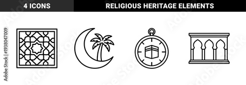 Islamic heritage and religious tradition symbols featuring geometric arabesque patterns, crescent moon with palm tree, qibla compass, and mosque arcade architecture in a thick monoline style.