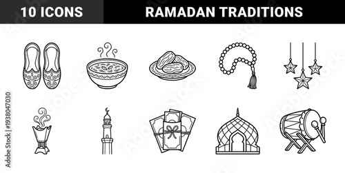 Ramadan and Islamic cultural traditions for religious festivities and greeting cards. Clean monolinear illustrations featuring dates, prayer beads, and mosque architecture.