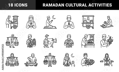 Ramadan and Eid al-Fitr cultural traditions featuring Indonesian Muslim community activities. Monoline vector illustrations of street food vendors, praying, and sharing meals.