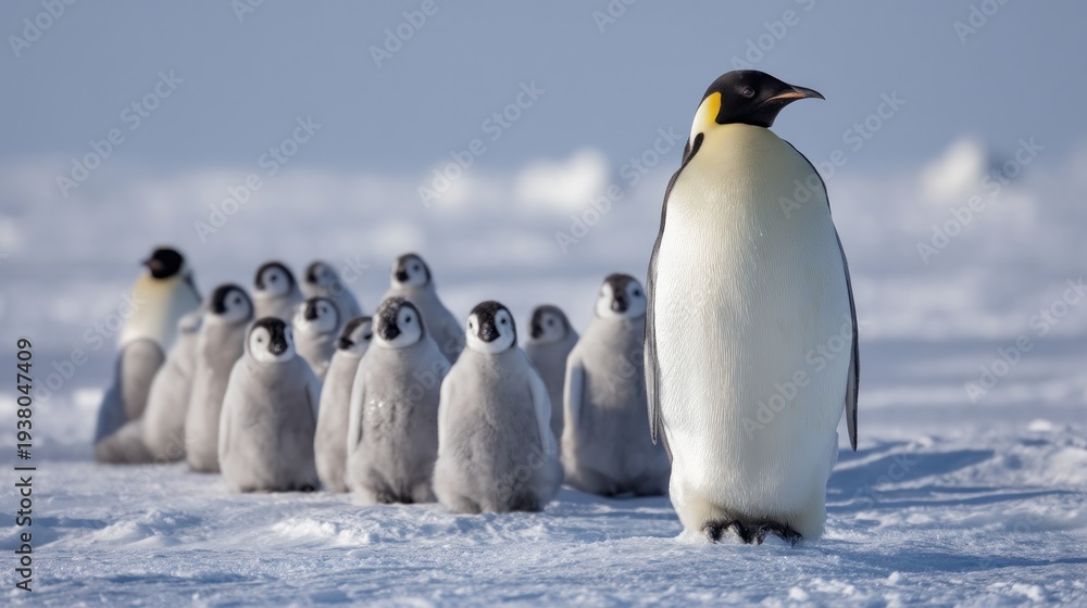 Fototapeta premium Emperor penguin with chicks in snowy landscape
