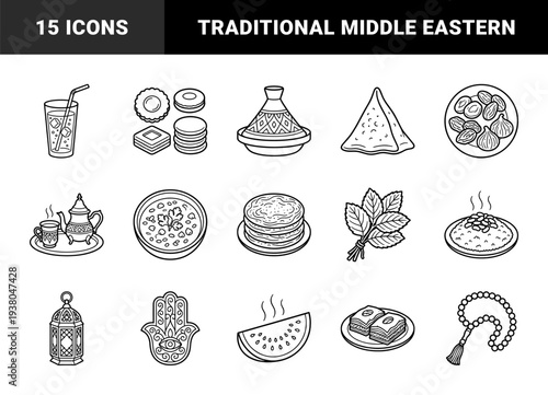 Traditional Middle Eastern and Maghreb cultural elements featuring Moroccan tajine, harira soup, and ramadan symbols in a clean monoline aesthetic.
