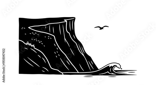 Waves crashing on rocky cliff shore.