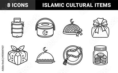 Ramadan and Islamic cultural line art: prayer beads, gift boxes, food, and crescent moon symbols. Minimalist monoline pictograms for religious festivities and Eid celebration graphics.