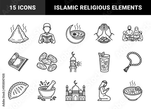 Ramadan and Islamic cultural traditions line art. Minimalist monoline pictograms featuring Iftar food, prayer rituals, mosque architecture, and spiritual symbols.