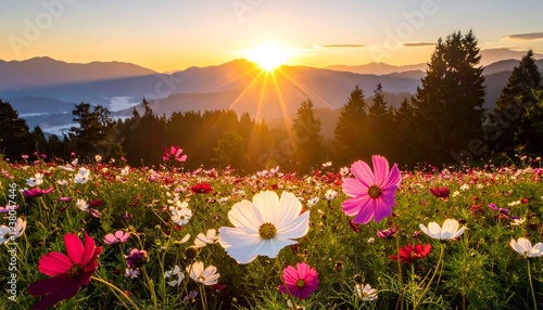 Sun bursts over hills behind a field of cosmos flowers in full bloom at sunrise, with mist in the valleys