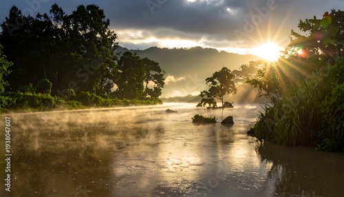 Sun bursts over lush riverbank, mist rising. River reflects sun, jungle trees silhouetted against the sky