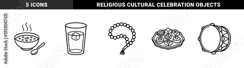 Ramadan cultural traditions and Islamic holiday celebrations. Minimalist monoline illustrations of iftar soup, prayer beads, and festive treats.
