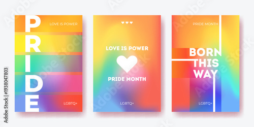Pride month poster with rainbow gradient background. LGBT celebration abstract graphic colorful design with hearts, gay parade flyer, social media banner, or event cover template.