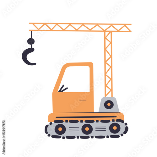 Illustration of stylized yellow crawler crane with a lifting hook. Modern aesthetic construction machinery for kids nursery decor, educational posters, and transport icons.