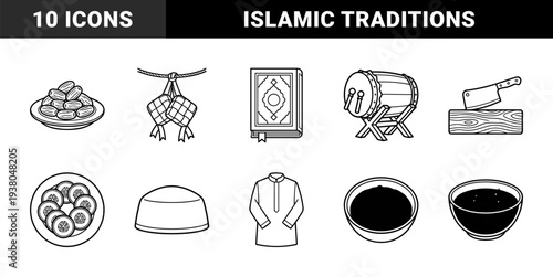 Islamic religious and cultural traditions for Ramadan and Eid celebrations. Minimalist monoline bold stroke symbols featuring halal food and prayer items.