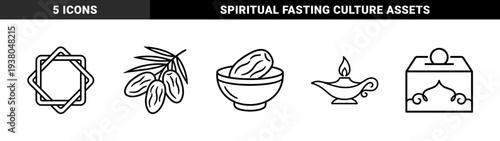 Ramadan Kareem religious elements and Islamic traditions featuring dates fruit, crescent lantern, and charity box in bold monoline style.