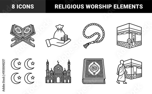 Islamic religious practice and pilgrimage symbols in bold monoline style. Traditional spiritual elements including Quran, Kaaba, prayer beads, and mosque for cultural education.