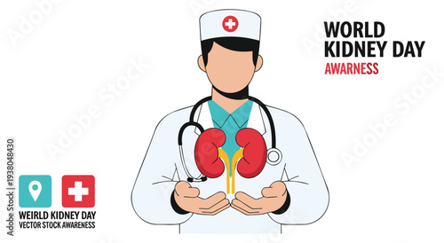 World kidney day awareness doctor holding kidneys stethoscope and medical icon